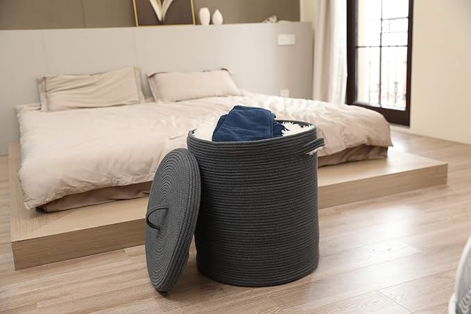 Cottonphant 16" x 16" x 18" Extra Large Storage Basket with Lid, Cotton Rope Storage Baskets, Laundry Hamper, Cloth Bin, for Clothes Towels Blankets Pillows Storage in Living Room, All Dark Grey