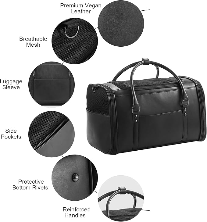 Johomviin Stylish Leather Pet Carrier for Small Dogs and Cats Up to 15 lbs, Airline Approved Lightweight Travel Tote with Breathable Mesh and Shoulder Strap Black