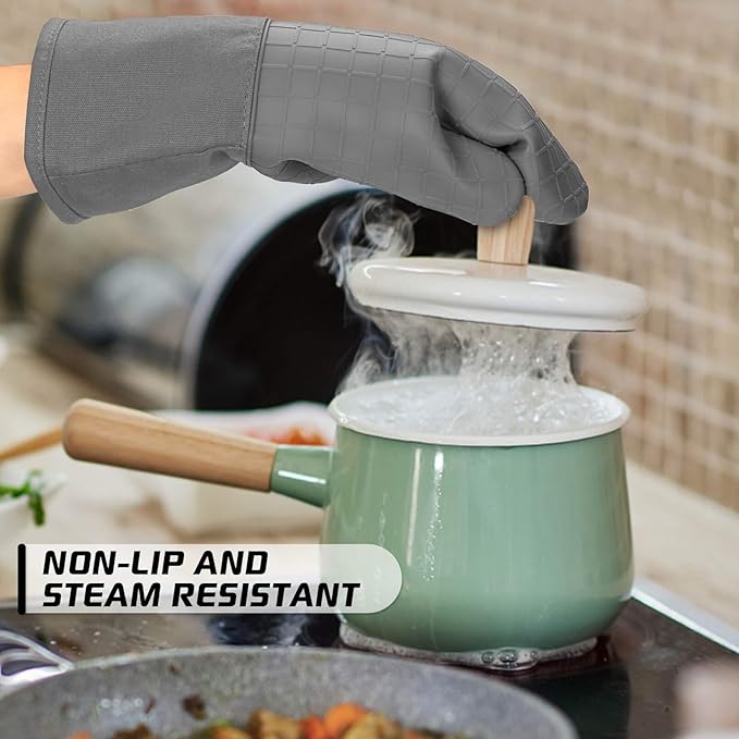 BPA-Free Soft Silicone 4 Piece Oven Mitts & Pot Holders Set - Ultra Heat Resistant Oven Mitts with Thick Cotton Liner - Long Slip Resistant Pot Holders, Flexible Oven Gloves - Gray
