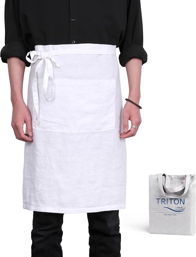 Pure Linen Bistro Half Apron - 25 x 35 Inch Unisex Waist Aprons with Large Pocket Ideal for Kitchen Crafts and More
