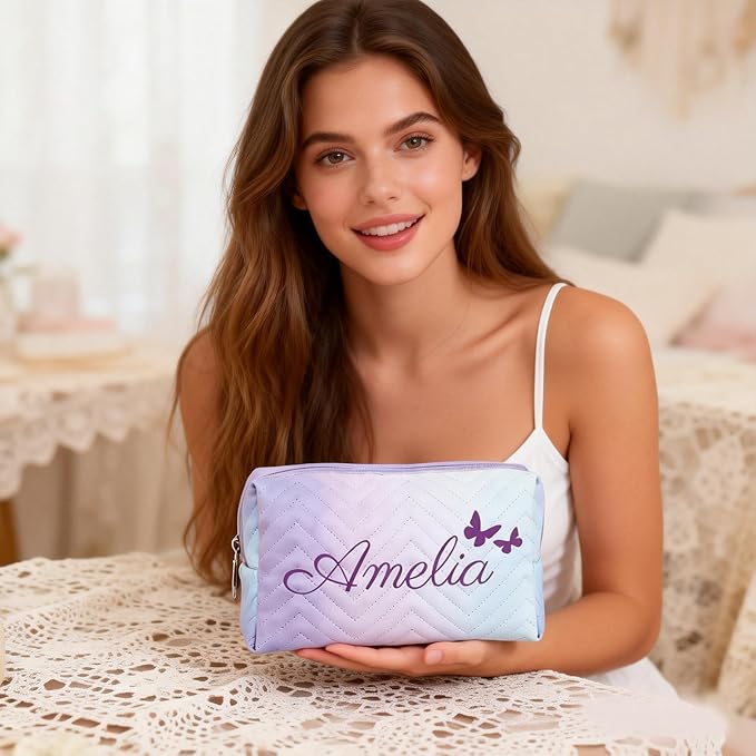 Personalized Makeup Bag with Name, Custom Embroidered Cosmetic Bags for Women Girls, Corduroy Gradient Pouch, Initial Quilted Bag,Travel Toiletry Pouch, Gifts for Bride Bridesmaid , Birthday, Wedding