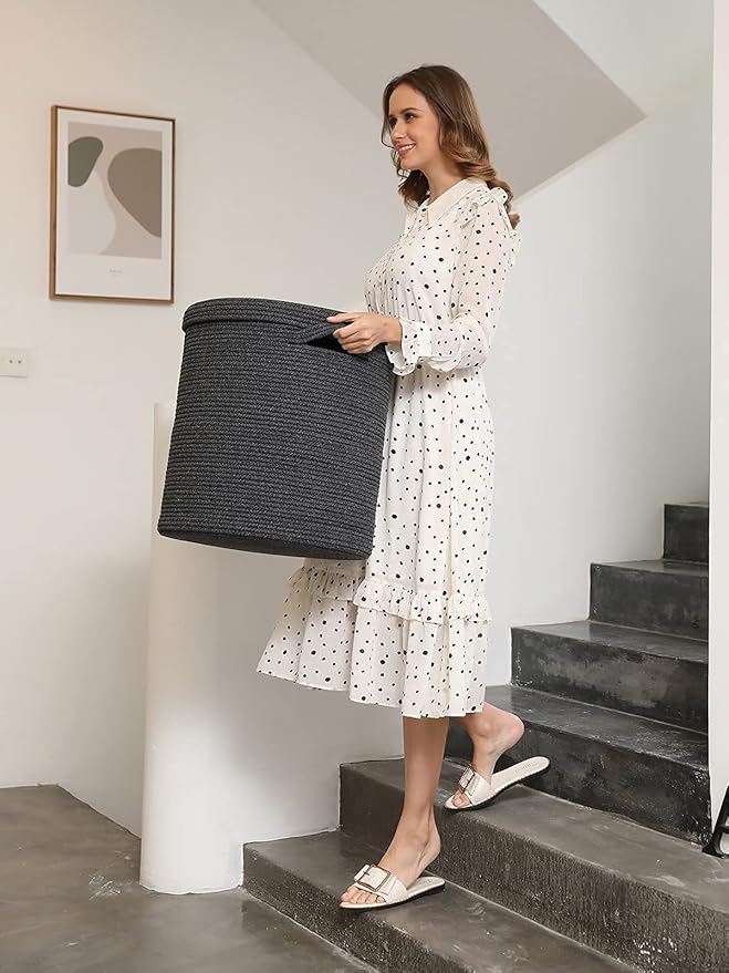 16" x 16" x 18" Extra Large Storage Basket with Lid, Cotton Rope Storage Baskets, Laundry Hamper, Cloth Bin, for Clothes Towels Blankets Pillows Storage in Living Room, All Black Grey Mix Basket