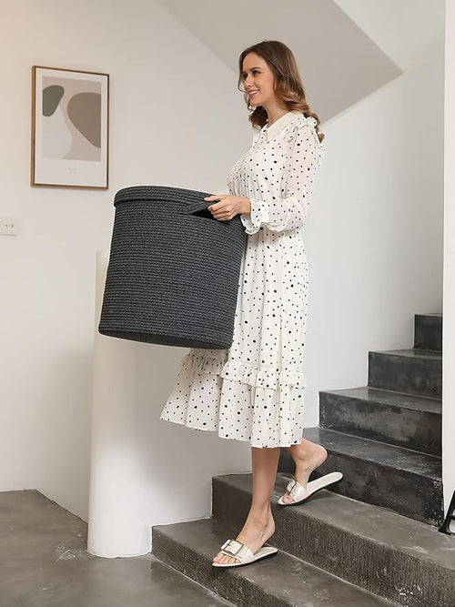 16" x 16" x 18" Extra Large Storage Basket with Lid, Cotton Rope Storage Baskets, Laundry Hamper, Cloth Bin, for Clothes Towels Blankets Pillows Storage in Living Room, All Black Grey Mix Basket