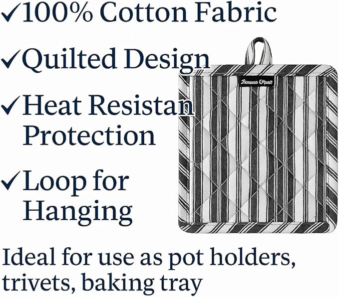 AMOUR INFINI Double Stripe Pot Holders Heat Resistant Cotton Set of 3 Nonslip 8"x8" Inch Hot Pads for Kitchen, BBQ, Baking & Cooking with Hanging Loops (Charcoal)