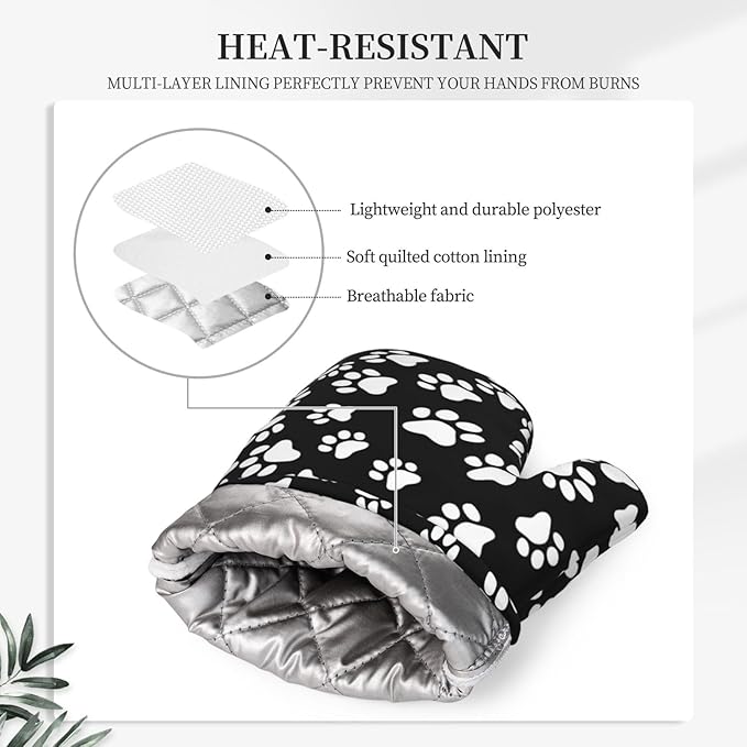 Dog Paw Oven Mitts Pot Holders Set Silicone Cat Footprint Dog Paw Prints Black White Kitchen Oven Mitts Heat Resistant Potholders Non-Slip 4pcs Hot Pads and Oven Gloves Sets for Baking