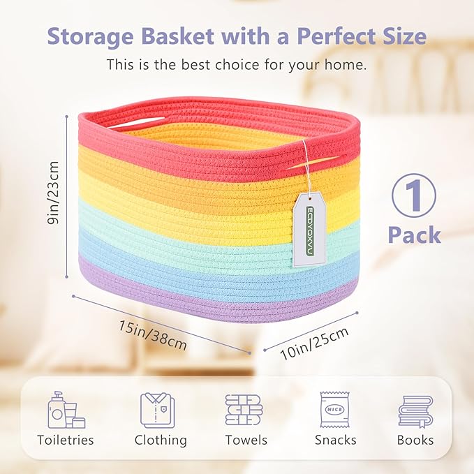 ECDYQXVU Cotton Rope Storage Basket, 15x10x9 Inches, Woven Basket for Shelves, Clothes, Towels, Books, and Laundry, Rainbow (1 Pack)