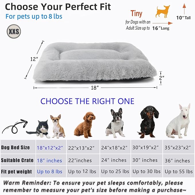Crate Pads 18x12 Dog Bed for XX- Small Dogs and Indoor Cats Washable,Fluffy Comfy Soft Dog Kennel Pad Pet Sleeping Mat,Deluxe Plush Cat Bed cushion for Tiny Dogs Breeds Fits Crate 18 Inches,Light Grey