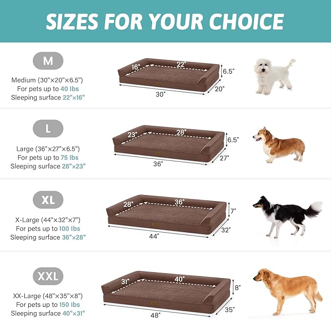 COZY KISS Orthopedic Dog Beds for Large Sized Dog, XL Bolster Pet Couch with Waterproof Lining, Egg Crate Foam Sofa for Pets Up to 100 lbs, U-Shaped, 44x32x7 inch, Brown