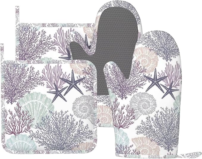 Nautical Coastal Oven Mitts and Pot Holders Set, 4pcs Silicone Starfish Seashell Coral Beach Themed Oven Glove for Kitchen Heat Resistant Oven Mitts and Non-Slip Potholders Purple