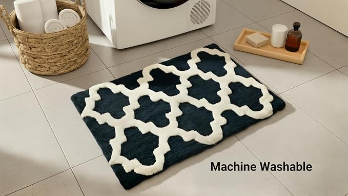 C23 Luxury Trellis Bath Rug Set of 2 (Navy Blue & White) 20"x32" & 16"x24" | 2200 GSM Ultra-Thick High-Density Plush | Decorative Non-Slip Bathroom Mats | Hotel Quality, Machine Washable