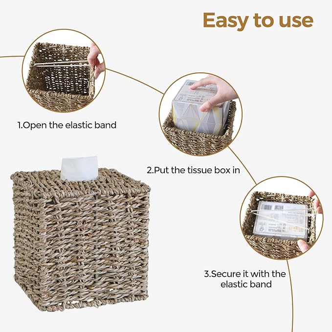 KALEKAIL Seagrass Tissue Box Cover, Wicker Tissue Box Holder Square, Boho Decorative Woven Tissue Cover Facial Cube Tissue Holders for Bathroom Living Room Kitchen, Natural