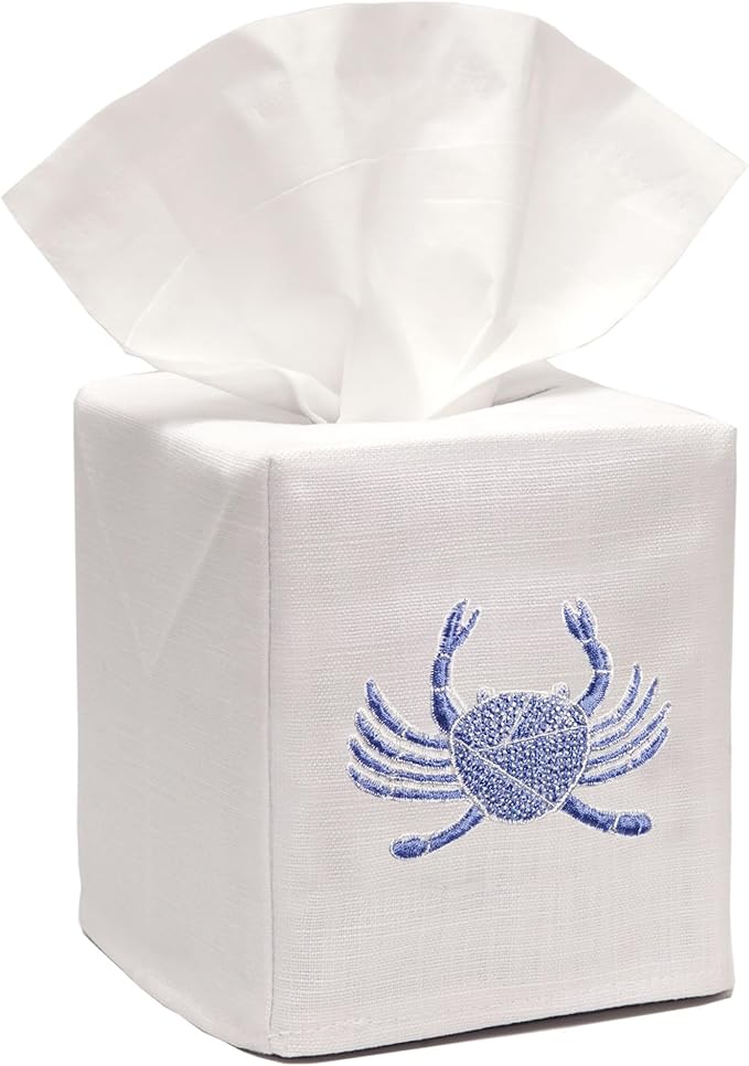 Jacaranda Living Square Tissue Box Cover, Linen/Cotton Fabric Tissue Holder, Decorative Cloth Tissue Cube Cover, Coastal Designs Crab (Blue)