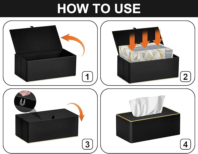 GOLRANLYE Tissue Box Cover Square PU Leather Facial Tissue Box Holder for Dresser Bathroom Decor (Black Pearl)