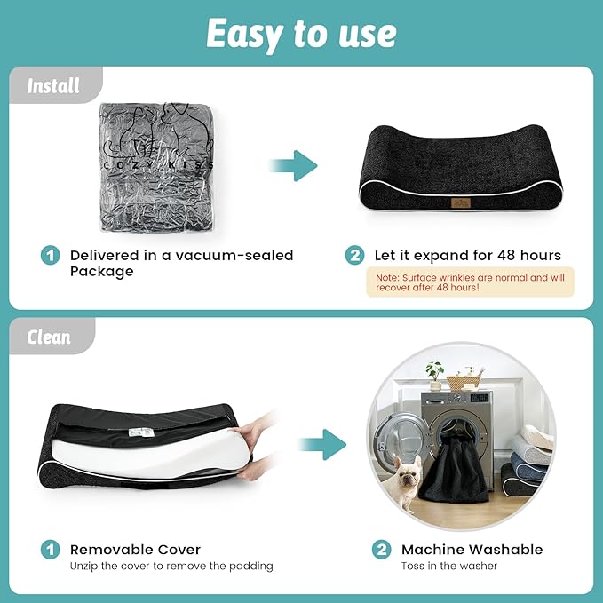 COZY KISS Orthopedic Dog Bed for Extra Large Dogs up to 140 lbs - Removable Washable Cover with Waterproof Lining, Cotton-Polyester Blend Boat-Shaped Lounger Mattress, XL(51x36x8in), Black