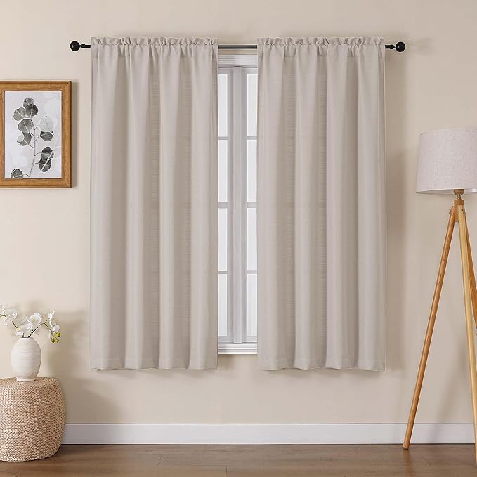 Lecloud Bessie Khaki Curtains 63 Inch Length 2 Panels, Light Filtering Curtains for Bedroom, Faux Linen Textured Rod Pocket Curtain Drapes, Window Treatments for Living Room, Each 40 W x 63 L