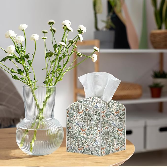 Tissue Box Cover, Tissue Box Holder, Square with Belt Bottom, PU Leather Decorative Organizer for Desk, Tabletop, Countertop Bathroom, Toilet Car, Office, Dresser Bedside, Fox Forest Flower Decor
