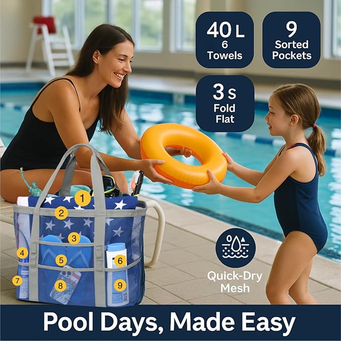 F-color Mesh Beach Bag Family - Large Tote Bag for Cruise Pool Toys Beach Vacation Essentials