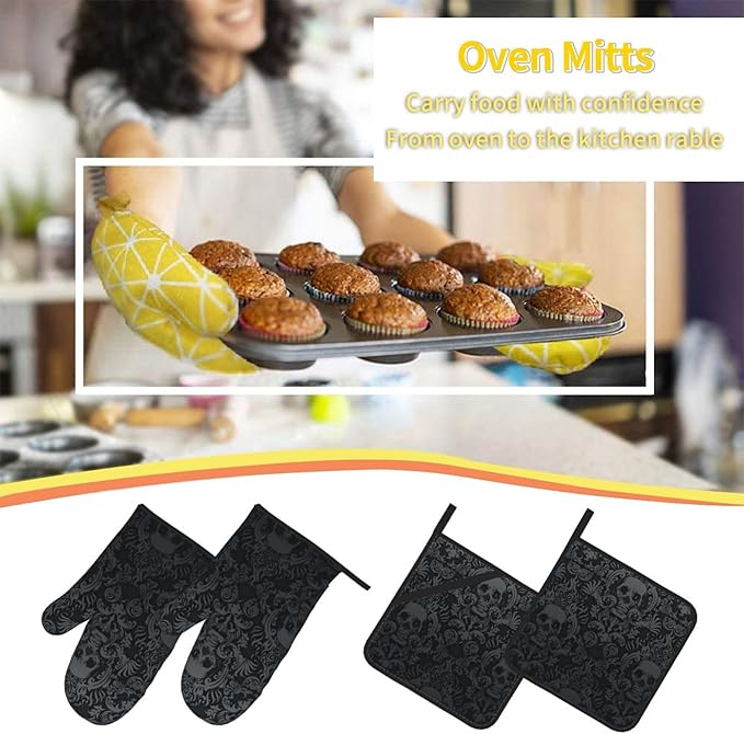 Victorian Gothic Black Skull Damask Oven Mitts and Pot Holders Sets of 4,Resistant Hot Pads with Polyester Non-Slip BBQ Gloves for Kitchen,Cooking,Baking,Grilling