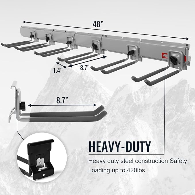 Aking Ace Garage Organization Wall Mount, 48inch Garden Tool Organizer with 6 Clamping Hooks, Heavy Duty, Garage Hanging Storage Rack for Yard Tools, Shovel, Shed, Hold Up to 420lbs (48Inch Grey)