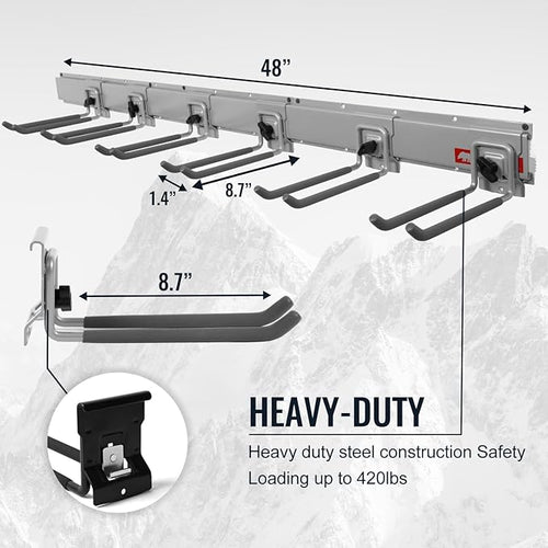 Aking Ace Garage Organization Wall Mount, 48inch Garden Tool Organizer with 6 Clamping Hooks, Heavy Duty, Garage Hanging Storage Rack for Yard Tools, Shovel, Shed, Hold Up to 420lbs (48Inch Grey)