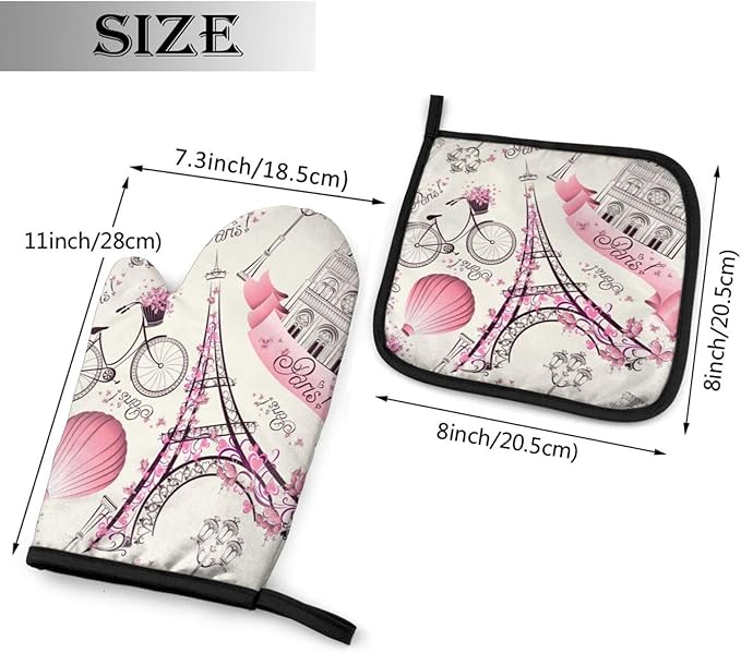 Paris Theme Oven Mitts and Pot Holders Eiffel Tower Romantic Travel Insulated Gloves & Kitchen Counter Safe Mats for Cooking BBQ Baking Grilling (2-Piece Set)