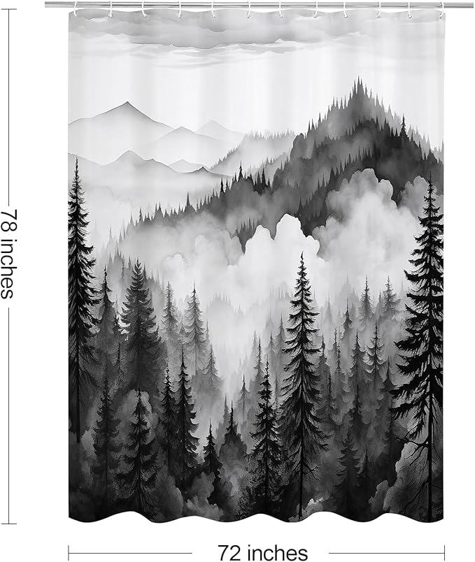 Litabel Black Long Misty Pine Forest Shower Curtain 72 x 78, Mountain Foggy Woodland Scenery Tree 78 Inch Long Shower Curtains for Bathroom, Abstract Waterproof Nature-Themed Decor