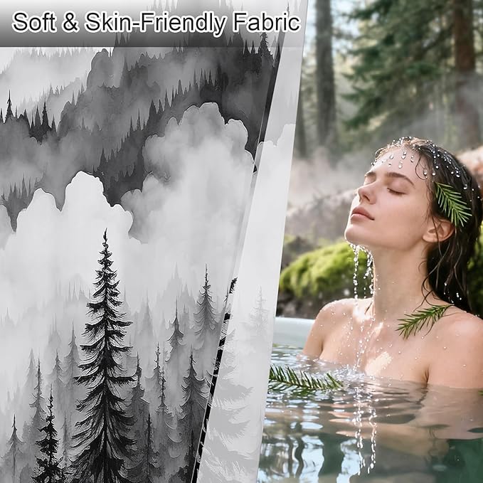 Litabel Black Small Stall Misty Pine Forest Shower Curtain 36 x 72, Mountain Foggy Woodland Scenery Tree Narrow Half Size Shower Curtains for Bathroom, Abstract Waterproof Nature-Themed Decor