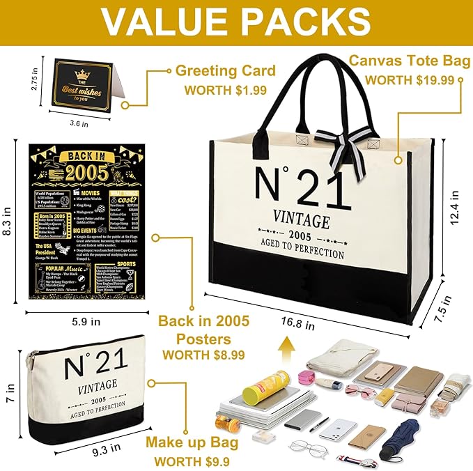 21st Birthday Gifts for Her Canvas Tote Bag Travel Gear, Unique 21 Years Old Gifts for Girlfriend Sister Coworker Friends Classmate Women, Vintage N°21 Handbag & Cosmetic Bag & Back in 2005 Poster