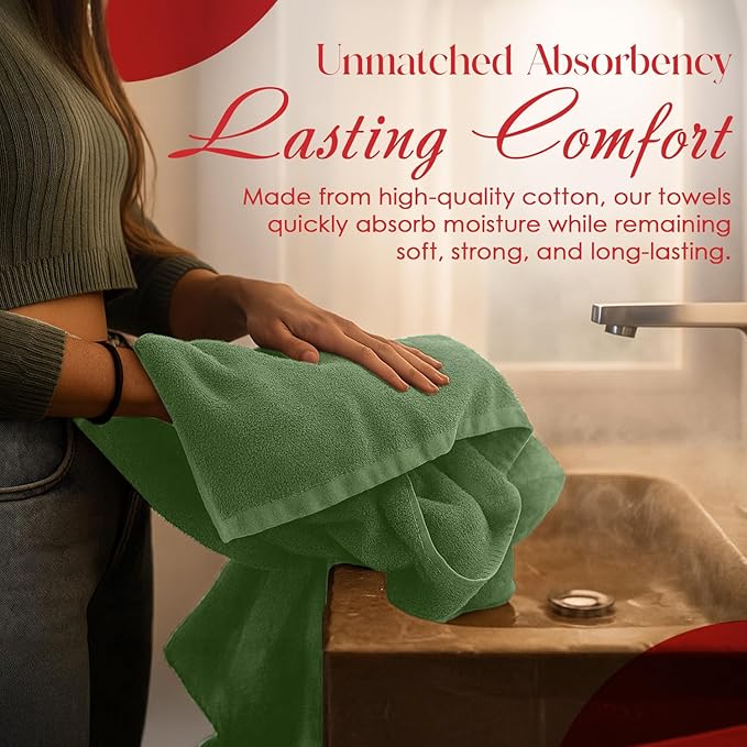 RIVERSIDE Pack of 8 Towels Set, 2 Large Bath, 2 Hand, 4 Face Washcloths, 100% Cotton Hotel Quality, Super Soft, Quick Dry, Highly Absorbent Perfect for Bathroom, Sage Green