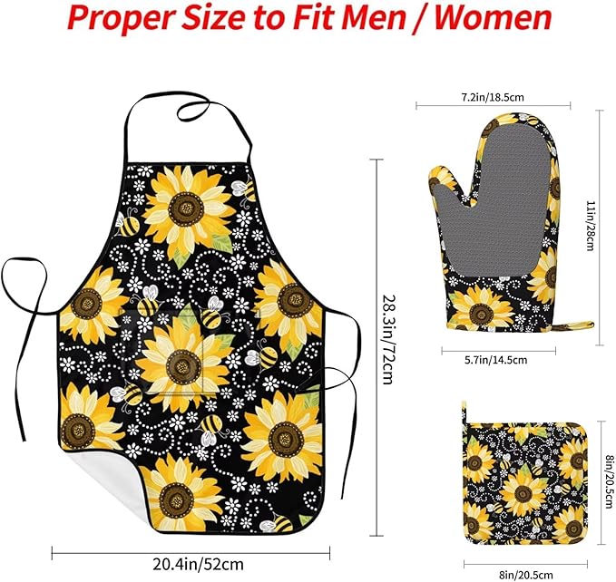 Sunflower Bees Oven Mitts and Pot Holders with Apron Set of 5 Silicone Sunflowers Kitchen Mitten Gloves and Non-Slip Potholders Cooking Apron Set Heat Resistant Oven Gloves Hot Pads for BBQ