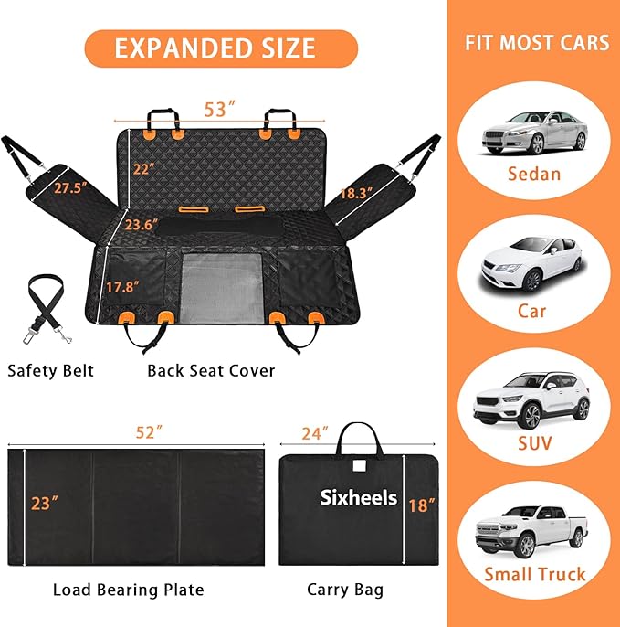 Sixheels Dog Car Seat Cover Back Seats Protector, Backseat Extender Hard Bottom Rear Seat Pet Cover for Dogs, Waterproof Carseat Covers Dog Hammock Travel Accessories for Car,SUV,Truck
