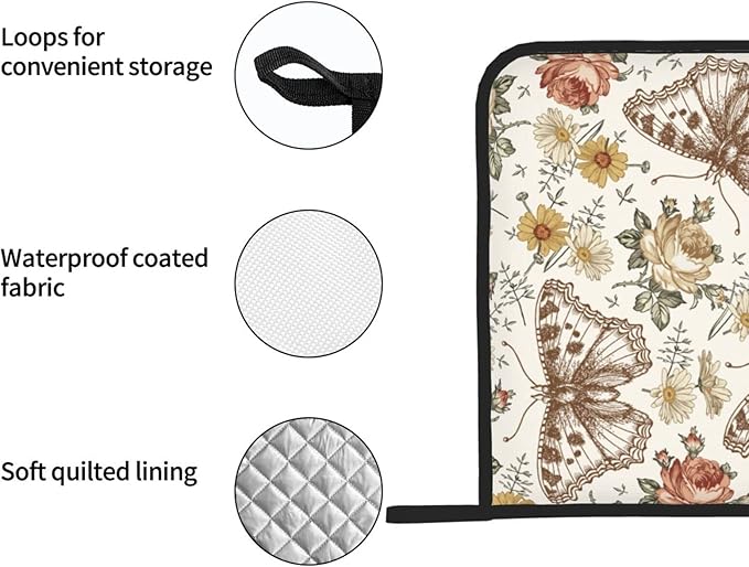 2-PC Retro Butterfly and Flowers Pot Holders, Heat Resistant Hot Pot Pads for Kitchen Camping, Non-Slip Grip Pad Holder with Three Layers Soft Fabric (Beige)