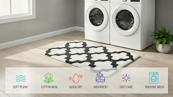 C23 Luxury Trellis Bath Rug Set of 2 (White & Grey) 20"x32" & 16"x24" | 2200 GSM Ultra-Thick High-Density Plush | Decorative Non-Slip Bathroom Mats | Hotel Quality, Machine Washable