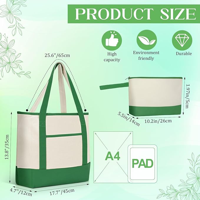 Sanwuta Canvas Tote Bags Bulk with Outer Pocket and Makeup Pouch 18'' Reusable Grocery Bags with Handles for Women Beach DIY