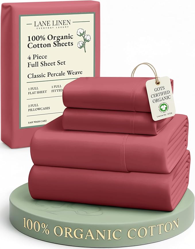 LANE LINEN 100% Organic Cotton Bed Sheets Full Size, Fully Elasticized Sustainably Produced Soft & Comfy, Machine Washable Naturally Cooling Full Sheet Deep Pocket Bedding - Mineral Red