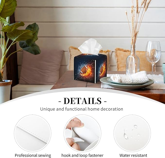POIUBLE American Football in Fire and Water Tissue Box Cover Leather Tissue Box Holder Square Facial Paper Organizer Dispenser for Bathroom Kitchen Bedroom Vanity Countertop Night Stands