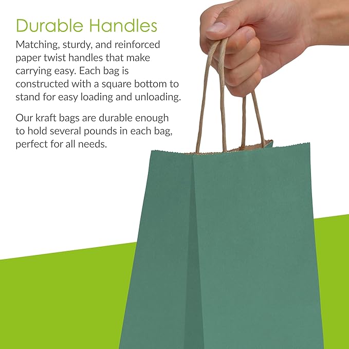 Prime Line Packaging Mini Green Gift Bags with Handles, Kraft Paper Shopping Bags for Treats, Goodies, Party Favors, Christmas, Holidays, Bulk, 6x3x9, 100 Pack