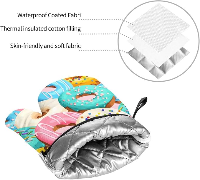 Cute Donut Doughnut Oven Mitts and Pot Holders Set of 4, Oven Mittens and Potholders Heat Resistant Gloves for Kitchen Cooking Baking Grilling BBQ