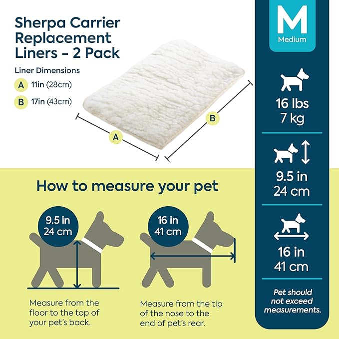 Sherpa Replacement Liners for Travel Pet Carriers - Soft Absorbent Cat & Dog Kennel Pad with Waterproof Backing, Machine Washable Crate Pads, 16.5x11.25in - 2 Pack, White, Medium