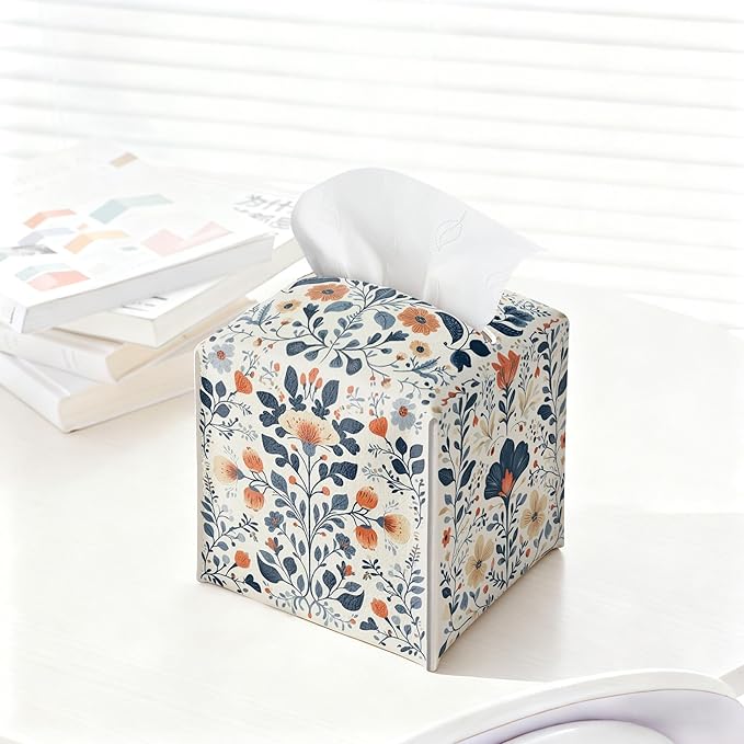 Floral Tissue Box Holder, Scandinavian Leather Tissue Box Cover Square, Paper Napkins Everyday Dispenser for Bathroom Vanity Countertop Night Stands Kitchen Office Car Home Decor