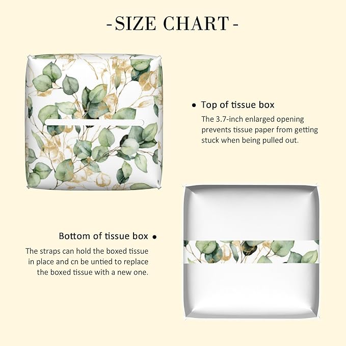 POIUBLE Leather Tissue Box Holder Gold and Green Eucalyptus Leaf Tissue Box Cover Square Waterproof Tissue Holder Organizer Modern Napkin Holder for Bedroom Dresser Night Stand Office Desk