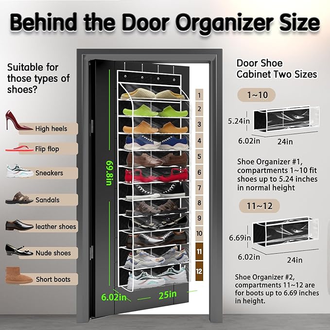 Kotkn Over The Door Shoe Organizer with 12 Large Breathable Pockets - Heavy Duty Hanging Storage for Adult, Kids & Baby Shoes - Black