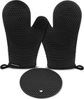 Silicone Oven Mitts and Pot Holders Sets 3PCS for Kitchen, Oven Gloves Heat Resistant 500°F, Non-Slip Silicone Potholder 7.1”, Thick Oven Mitts & Thick Hot Pads Protection for Cooking, Black
