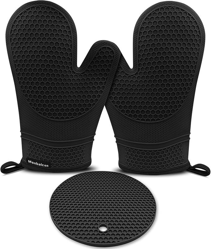 Silicone Oven Mitts and Pot Holders Sets 3PCS for Kitchen, Oven Gloves Heat Resistant 500°F, Non-Slip Silicone Potholder 7.1”, Thick Oven Mitts & Thick Hot Pads Protection for Cooking, Black