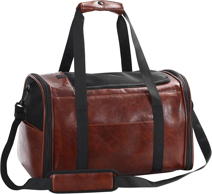 Lasaviin Fashion Leather Dog Carrier Cat Carrier Airline Approved Pet Carrier for Small Medium Dogs Cats Under 15Lbs, Collapsible Soft Sided Travel Puppy Carrier Coffee