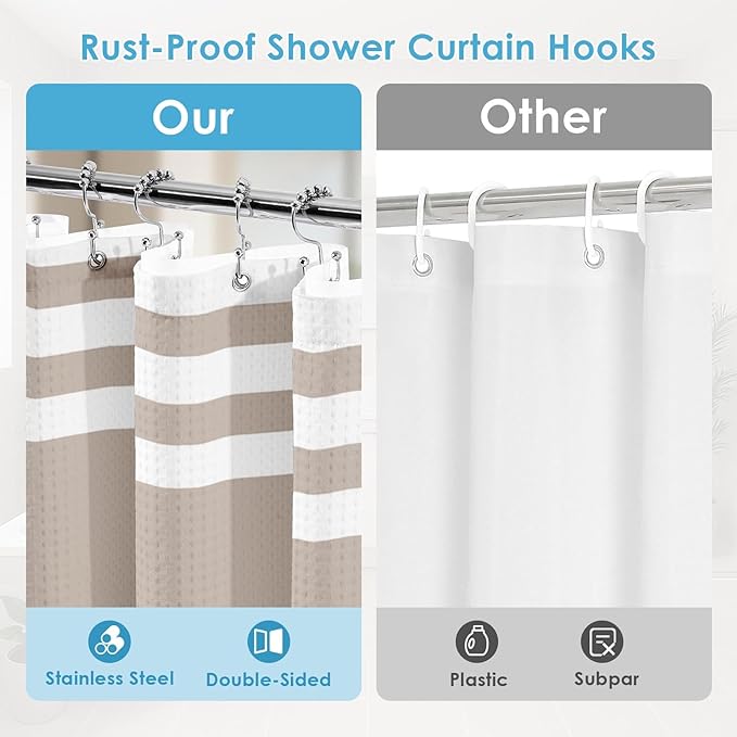 Nesphy Shower Curtain and Liner, Taupe Striped 3 in 1 Shower Curtain and PEVA Liner Set with 12 Rust-Resistant Metal Hooks, Waterproof Fabric Shower Curtains for Bathroom, 72 W x 72 H