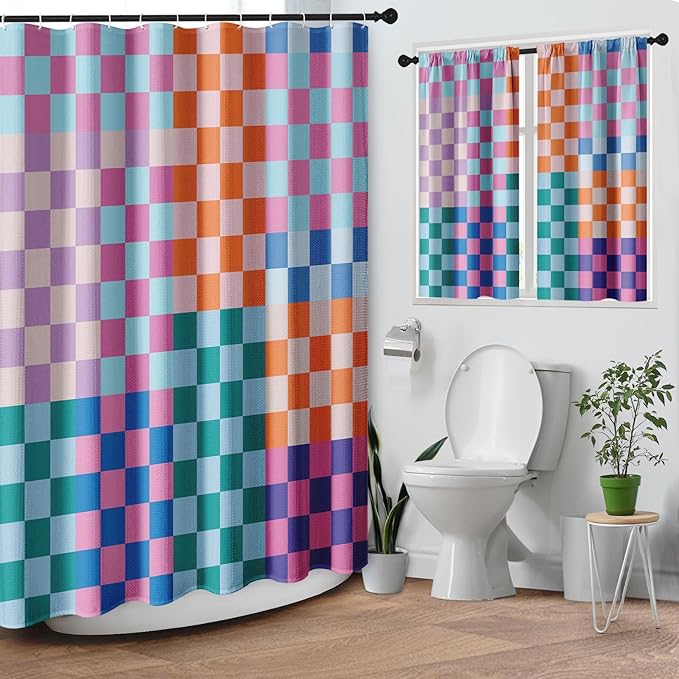 Culudea Retro Checkered Aesthetic Colorful Shower Curtain Set, Funky Checkerboard Modern Bathroom Window Waterproof Shower Curtain Set for Bathroom Decor