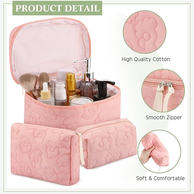 Paterr Makeup Bag Set 3 Pcs Large Quilted Cotton Make up Bags for Women Cosmetic Travel Toiletry Organizer Pouch Cute Aesthetic Storage Purse(Pink,Pink Flower)