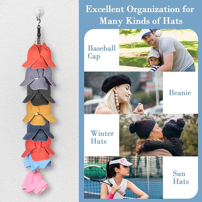 Miracsnail Hat Rack for Baseball Caps Organizer Hat Holder for Closet Hook, Wall and Door 24 Large Clips Cap Storage for Hanging Ball Caps Winter Beanie & Accessories 1 Pack