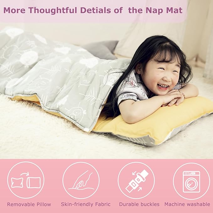 Hi Sprout Toddlers Nap Mat with Removable Pillow and Soft Blanket, Lightweight Daycare Preschool Kindergarten Sleeping Bag, Travel Slumber for Kids Girls Boys